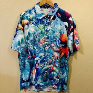 Adaychic Short Sleeve Button Up Hawaii Shirt Vibrant Marine Life Print Men's L